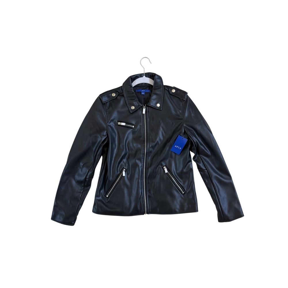Apt. 9 Womens Faux Leather Moto Jacket Black Full Zip Biker Coat Small NWT